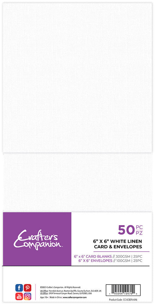 Crafter's Companion 6"x 6" White Linen Card & Envelopes - 50 Piece