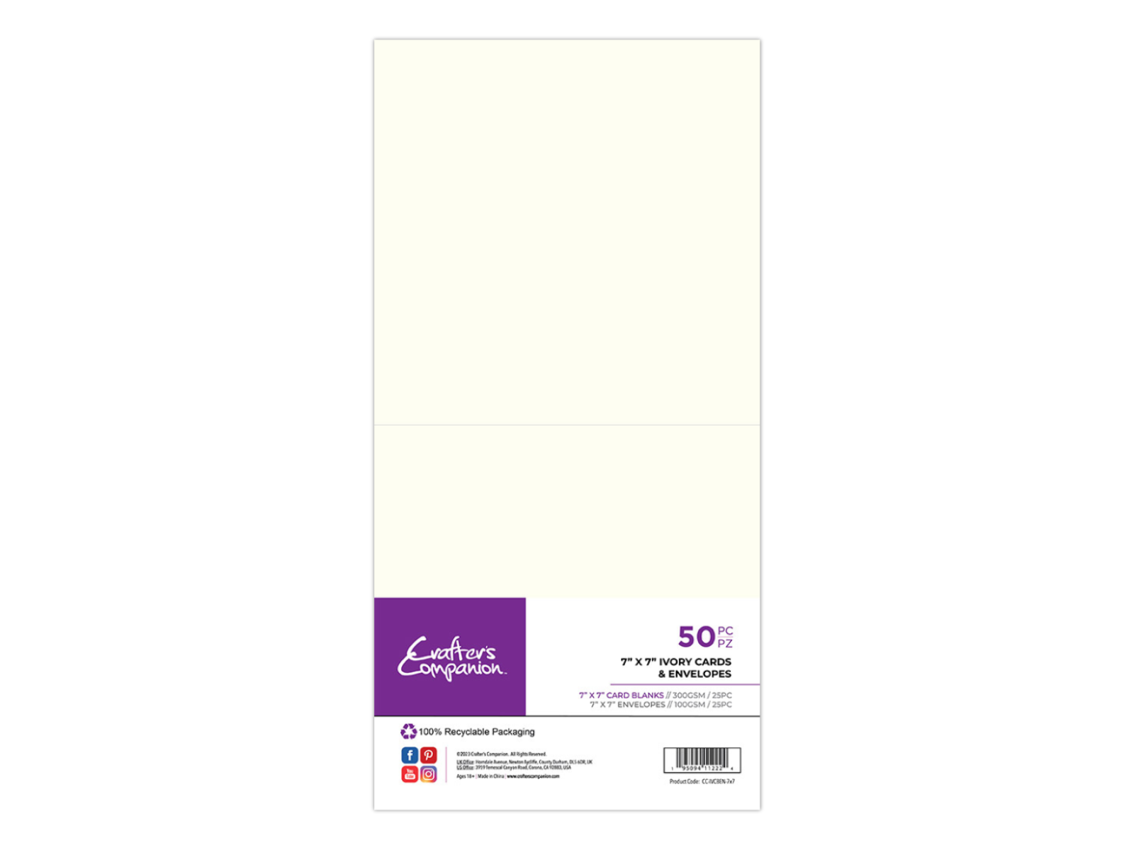 Crafter's Companion 7" x 7" Ivory Card & Envelopes - 50 Pack