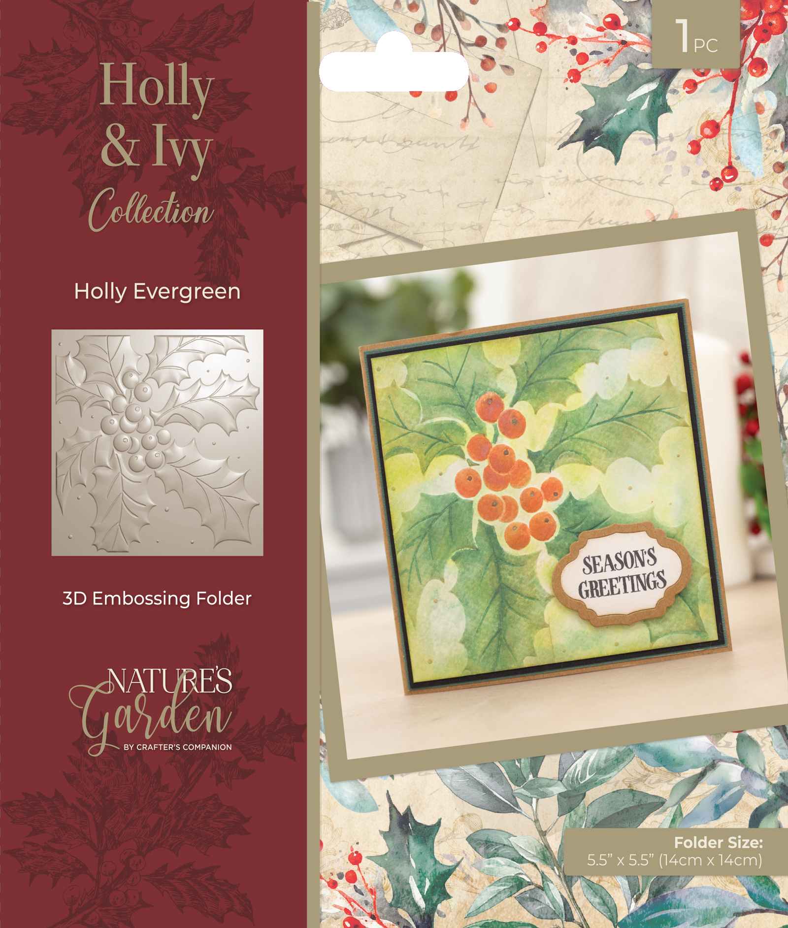 Nature’s Garden - 3D Embossing Folder 5.5” x 5.5” - Holly Evergreen