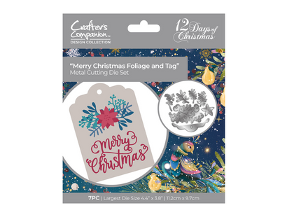 Twelve Days of Christmas Metal Die - Merry Christmas Foliage and Tag Set